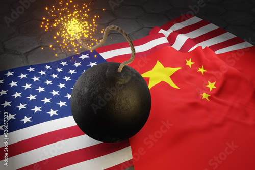 Ignited cannon bomb on the flags of the USA and China. Illustration of the conflict and tension between these 2 countries