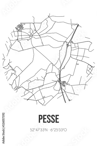 Abstract street map of Pesse located in Drenthe municipality of Westerveld. City map with lines