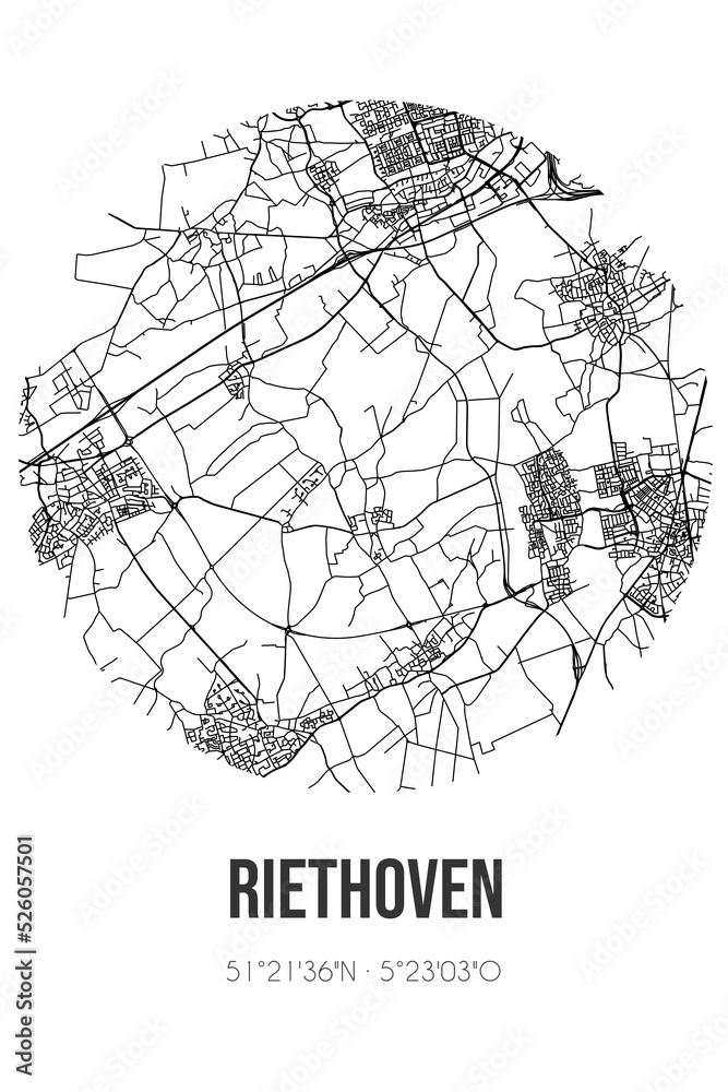 Abstract street map of Riethoven located in Noord-Brabant municipality of Bergeijk. City map with lines
