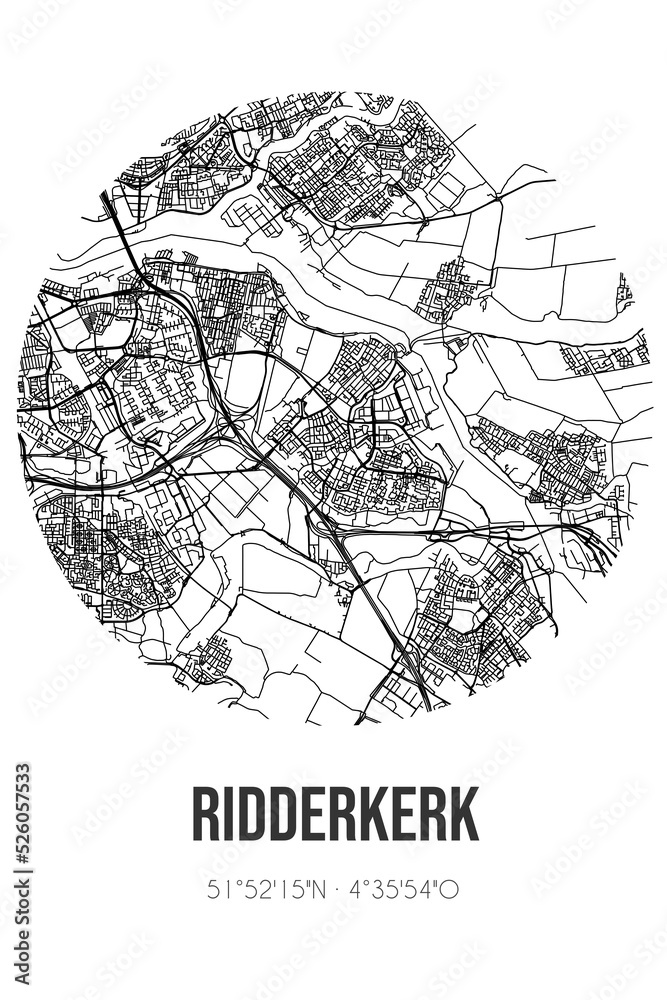 Abstract street map of Ridderkerk located in Zuid-Holland municipality of Ridderkerk. City map with lines