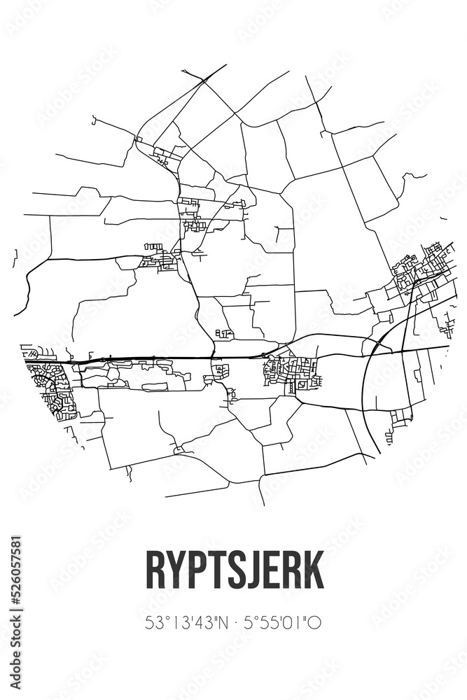 Abstract street map of Ryptsjerk located in Fryslan municipality of Tytsjerksteradiel. City map with lines