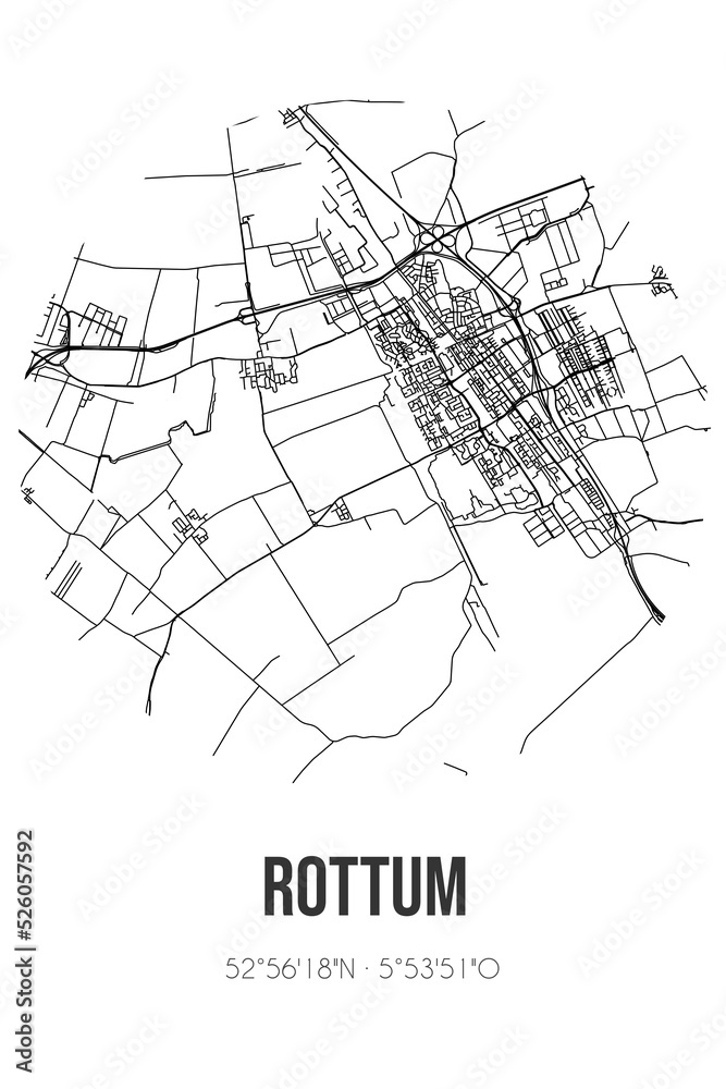 Abstract street map of Rottum located in Fryslan municipality of De Fryske Marren. City map with lines