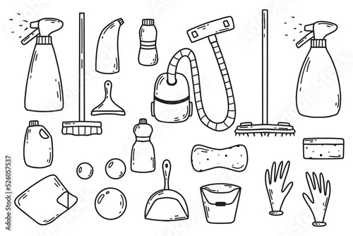 Cleaning services. House cleaning kit. vector illustration. Doodle style. Vacuum cleaner, bottles, spray and bubbles.
