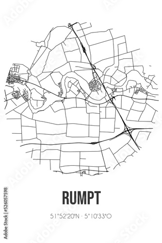 Abstract street map of Rumpt located in Gelderland municipality of West Betuwe. City map with lines