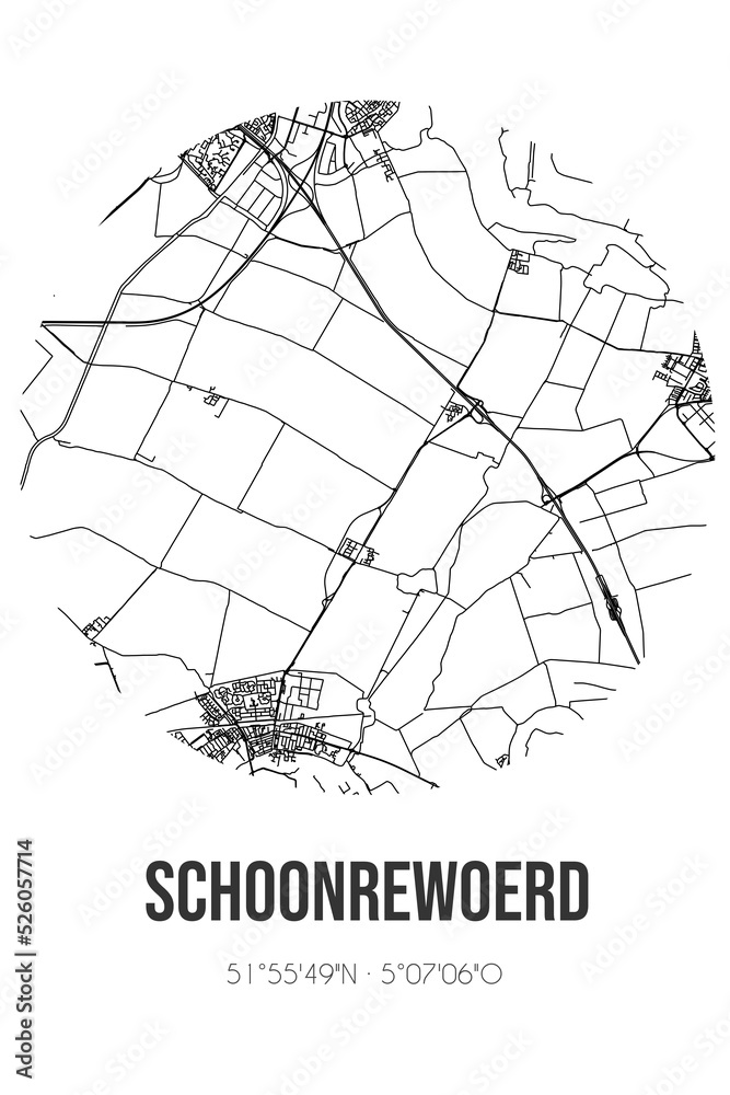 Abstract street map of Schoonrewoerd located in Utrecht municipality of Vijfheerenlanden. City map with lines Abstract street map of Schoonrewoerd located in Utrecht municipality of Vijfheerenlanden. City map with lines