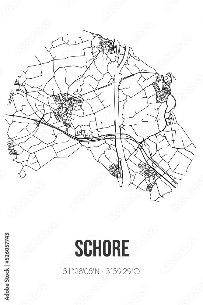 Abstract street map of Schore located in Zeeland municipality of Kapelle. City map with lines