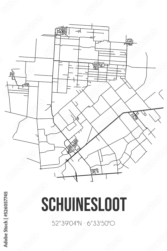 Abstract street map of Schuinesloot located in Overijssel municipality of Hardenberg. City map with lines