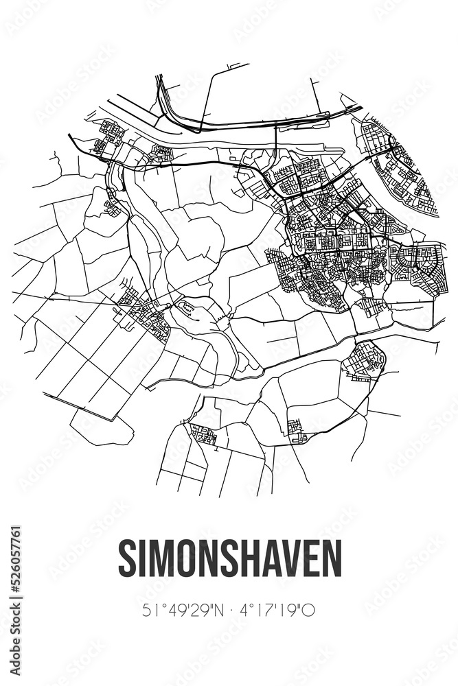 Abstract street map of Simonshaven located in Zuid-Holland municipality of Nissewaard. City map with lines