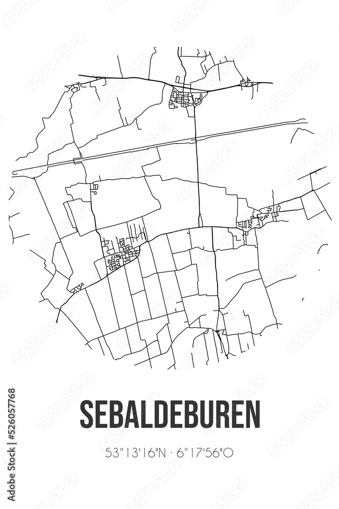 Abstract street map of Sebaldeburen located in Groningen municipality of Westerkwartier. City map with lines Abstract street map of Sebaldeburen located in Groningen municipality of Westerkwartier. City map with lines