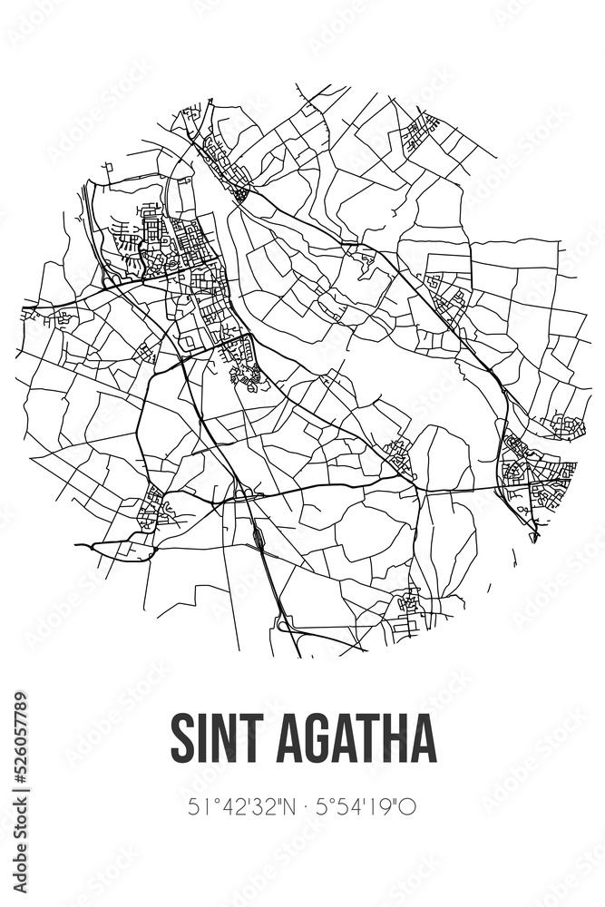 Abstract street map of Sint Agatha located in Noord-Brabant municipality of Cuijk. City map with lines