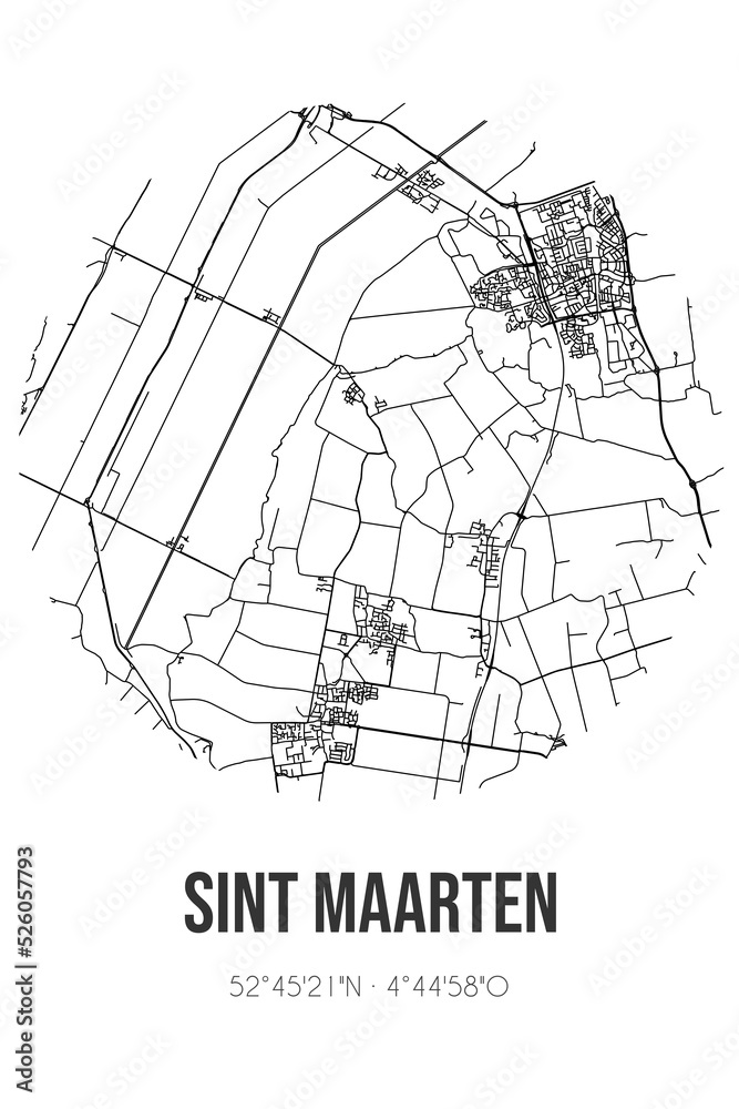 Abstract street map of Sint Maarten located in Noord-Holland municipality of Schagen. City map with lines