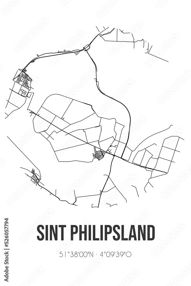 Abstract street map of Sint Philipsland located in Zeeland municipality of Tholen. City map with lines