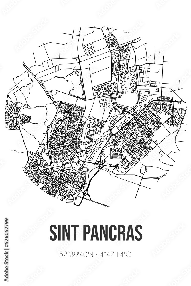 Abstract street map of Sint Pancras located in Noord-Holland municipality of Langedijk. City map with lines
