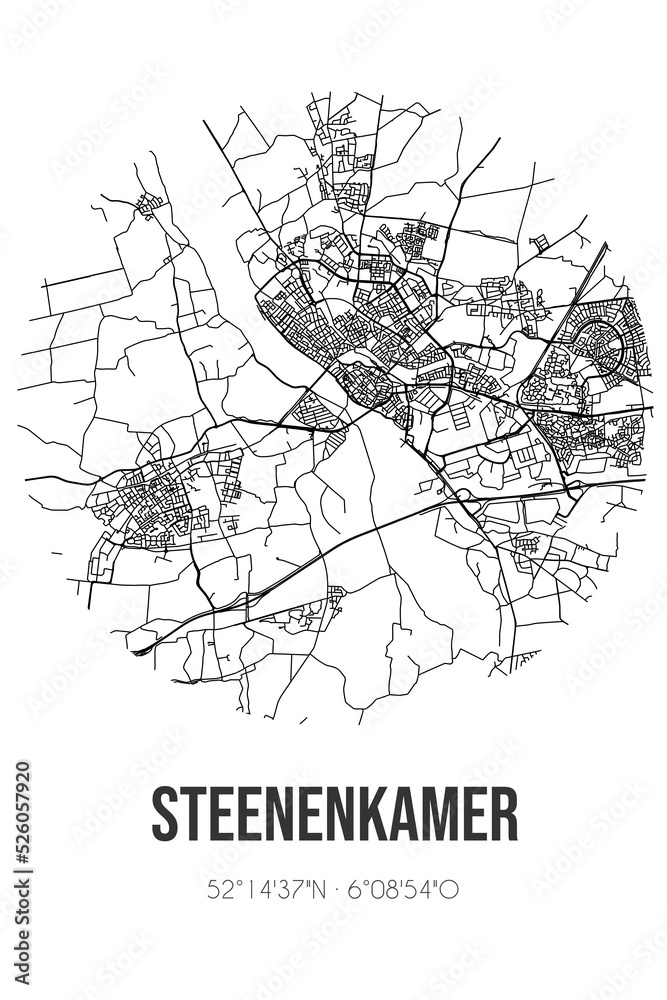 Abstract street map of Steenenkamer located in Gelderland municipality of Voorst. City map with lines