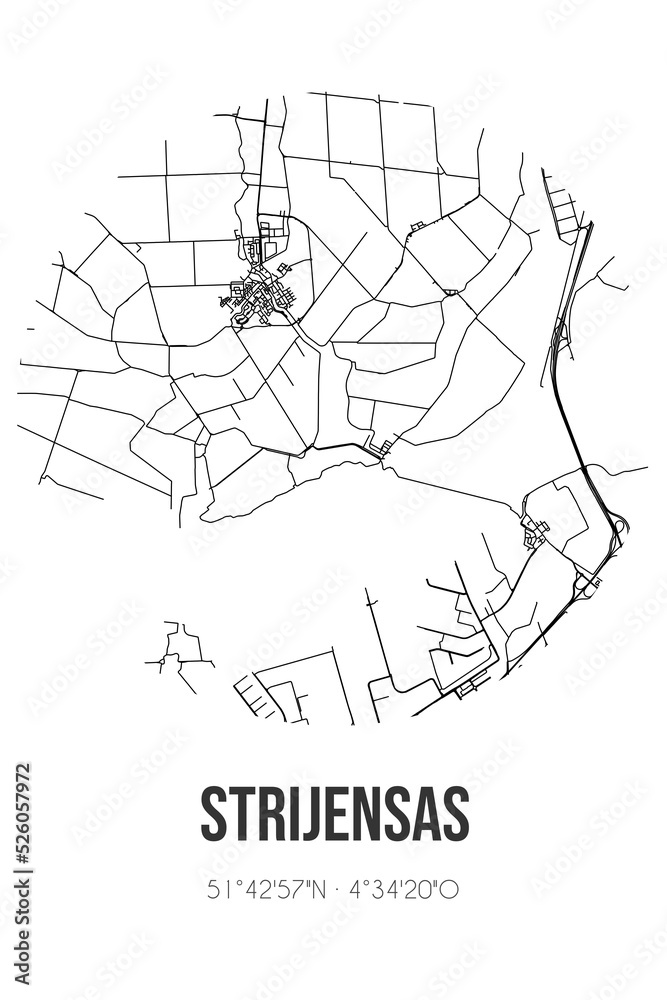 Abstract street map of Strijensas located in Zuid-Holland municipality of Hoeksche Waard. City map with lines
