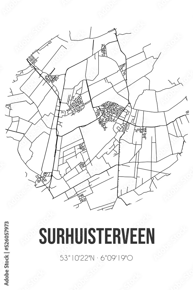 Abstract street map of Surhuisterveen located in Fryslan municipality of Achtkarspelen. City map with lines