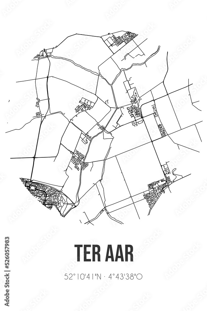 Abstract street map of Ter Aar located in Zuid-Holland municipality of Nieuwkoop. City map with lines
