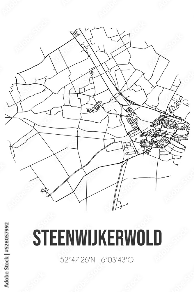 Abstract street map of Steenwijkerwold located in Overijssel municipality of Steenwijkerland. City map with lines