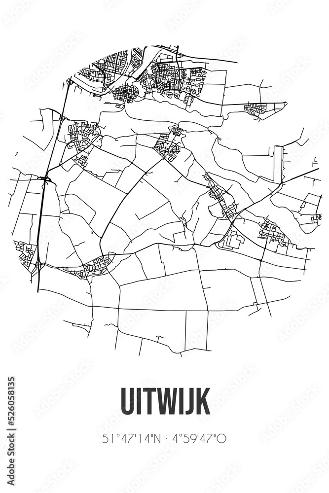Abstract street map of Uitwijk located in Noord-Brabant municipality of Altena. City map with lines