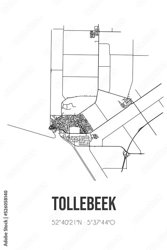 Abstract street map of Tollebeek located in Flevoland municipality of Noordoostpolder. City map with lines