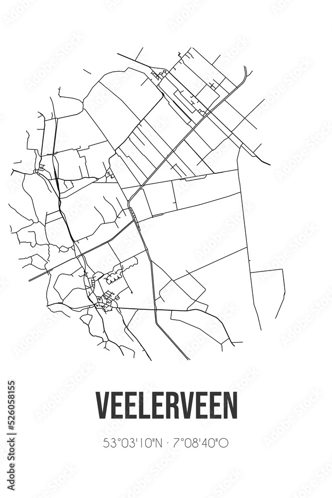 Abstract street map of Veelerveen located in Groningen municipality of Westerwolde. City map with lines