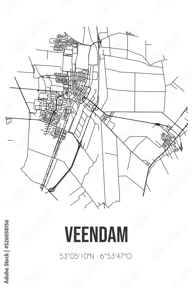 Abstract street map of Veendam located in Groningen municipality of Veendam. City map with lines