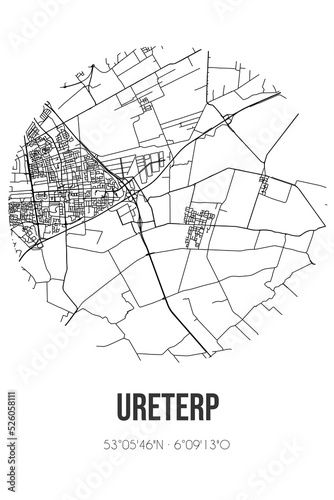 Abstract street map of Ureterp located in Fryslan municipality of Opsterland. City map with lines