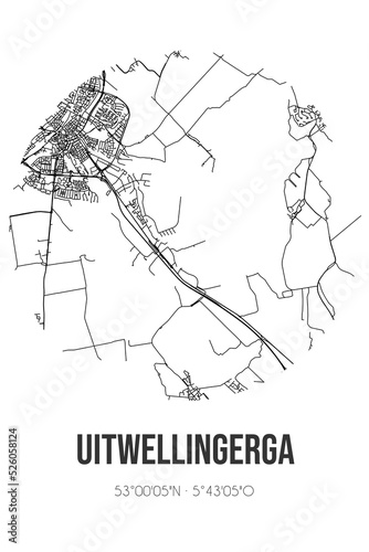 Abstract street map of Uitwellingerga located in Fryslan municipality of Sudwest-Fryslan. City map with lines