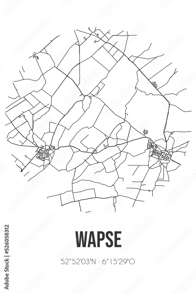 Abstract street map of Wapse located in Drenthe municipality of Westerveld. City map with lines