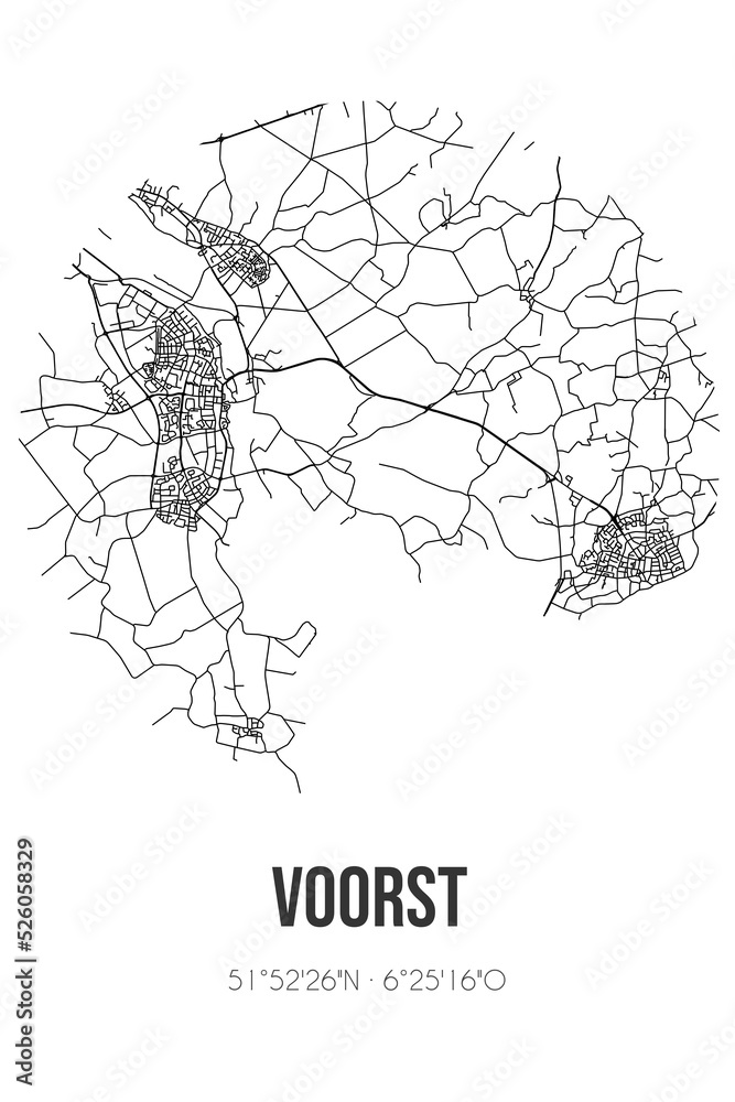 Abstract street map of Voorst located in Gelderland municipality of Oude IJsselstreek. City map with lines