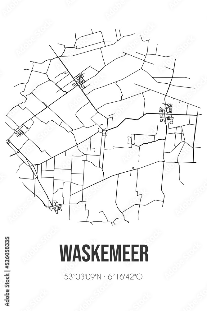 Abstract street map of Waskemeer located in Fryslan municipality of Ooststellingwerf. City map with lines