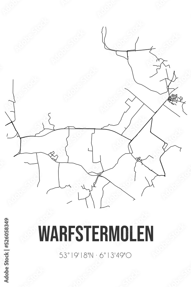 Abstract street map of Warfstermolen located in Fryslan municipality of Noardeast-Fryslan. City map with lines Abstract street map of Warfstermolen located in Fryslan municipality of Noardeast-Fryslan. City map with lines