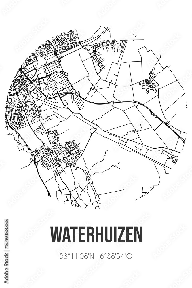 Abstract street map of Waterhuizen located in Groningen municipality of Midden-Groningen. City map with lines