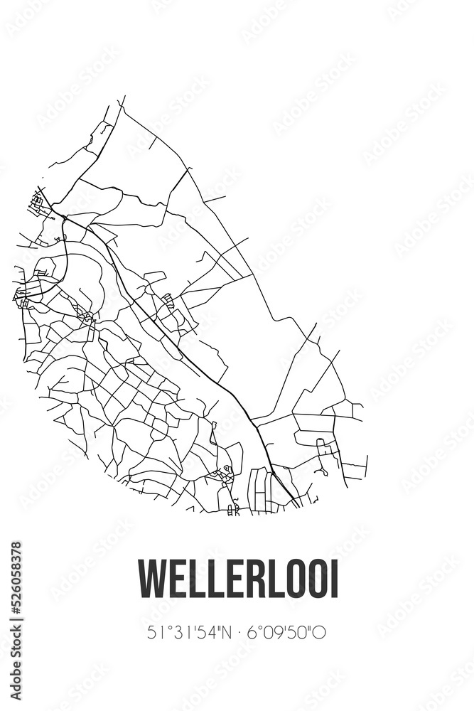 Abstract street map of Wellerlooi located in Limburg municipality of Bergen(L.). City map with lines