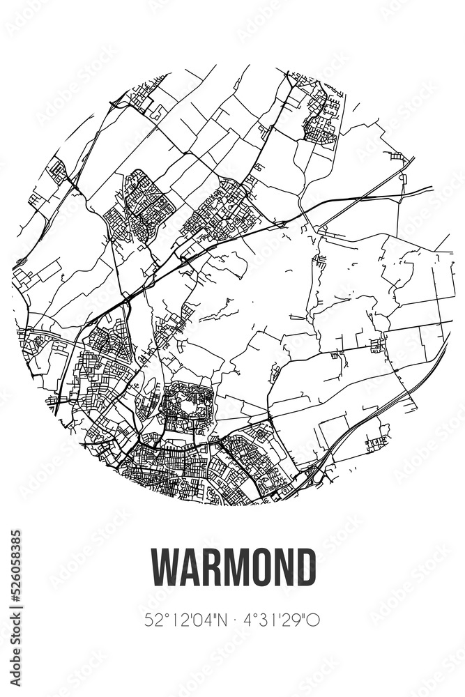 Abstract street map of Warmond located in Zuid-Holland municipality of Teylingen. City map with lines