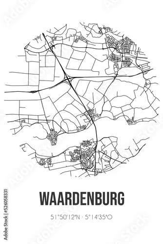 Abstract street map of Waardenburg located in Gelderland municipality of West Betuwe. City map with lines