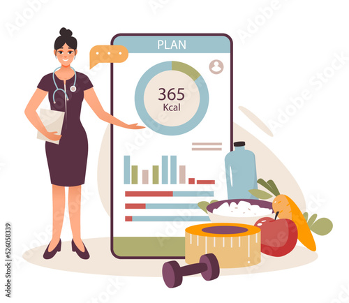 Nutritionist. A mobile application with health monitoring. Weight loss program and diet plan. Diet therapy with healthy food and physical activity. Flat vector illustration