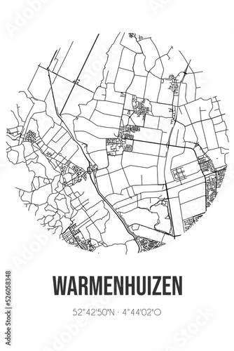 Abstract street map of Warmenhuizen located in Noord-Holland municipality of Schagen. City map with lines