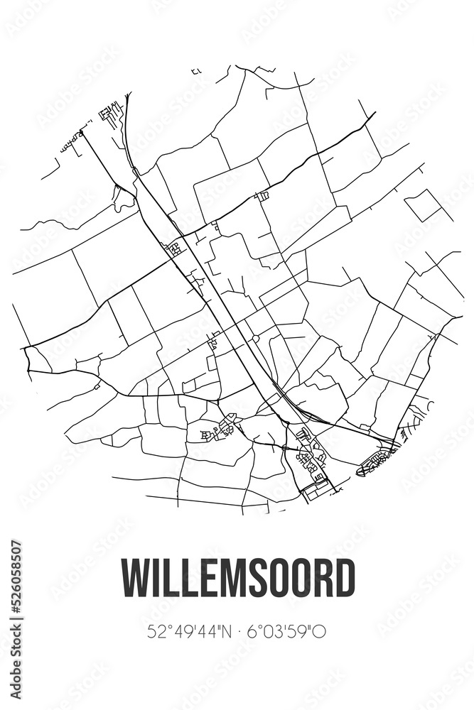 Abstract street map of Willemsoord located in Overijssel municipality of Steenwijkerland. City map with lines