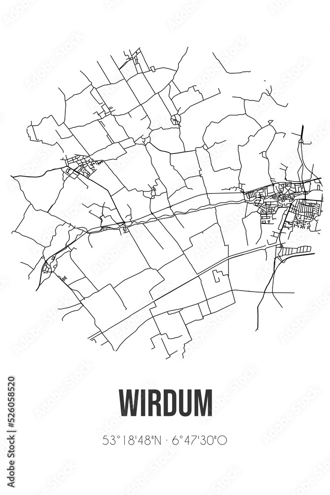 Abstract street map of Wirdum located in Groningen municipality of Loppersum. City map with lines