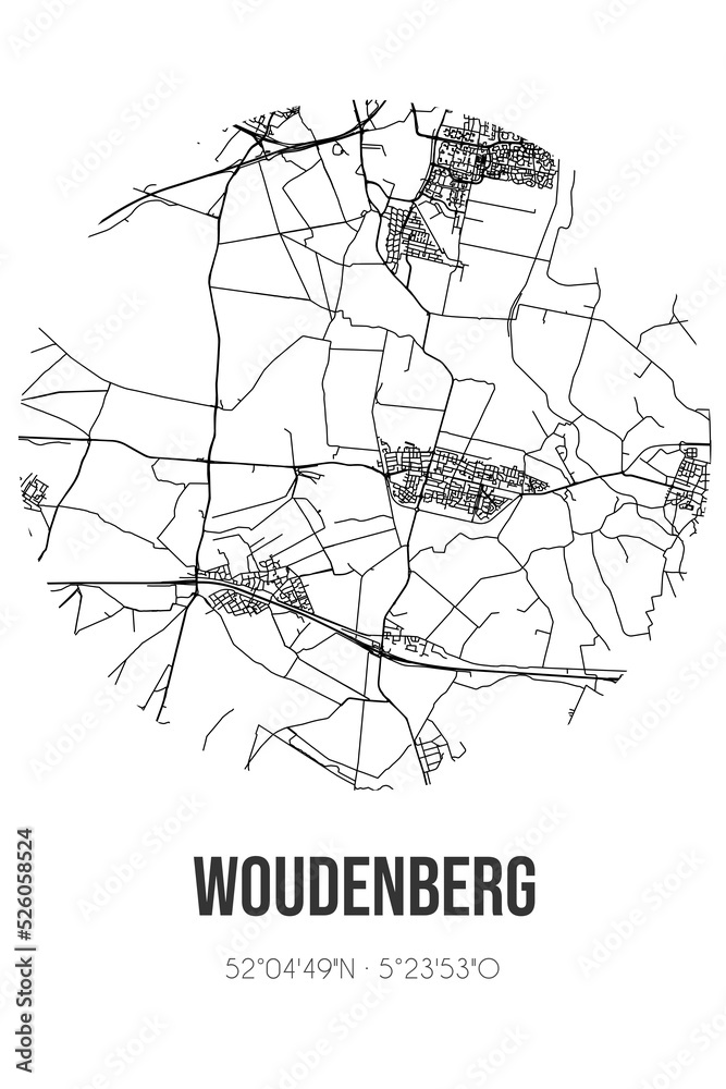 Abstract street map of Woudenberg located in Utrecht municipality of Woudenberg. City map with lines