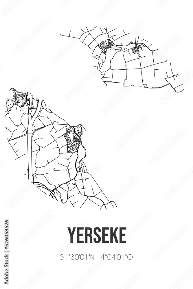 Abstract street map of Yerseke located in Zeeland municipality of Reimerswaal. City map with lines
