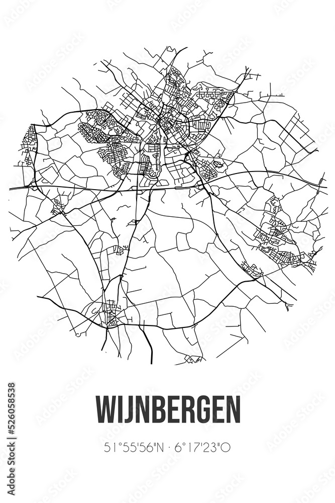 Abstract street map of Wijnbergen located in Gelderland municipality of Montferland. City map with lines