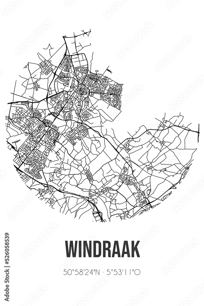 Abstract street map of Windraak located in Limburg municipality of Sittard-Geleen. City map with lines