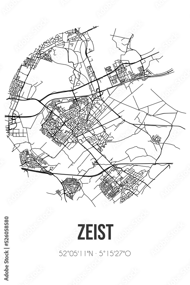 Abstract street map of Zeist located in Utrecht municipality of Zeist. City map with lines