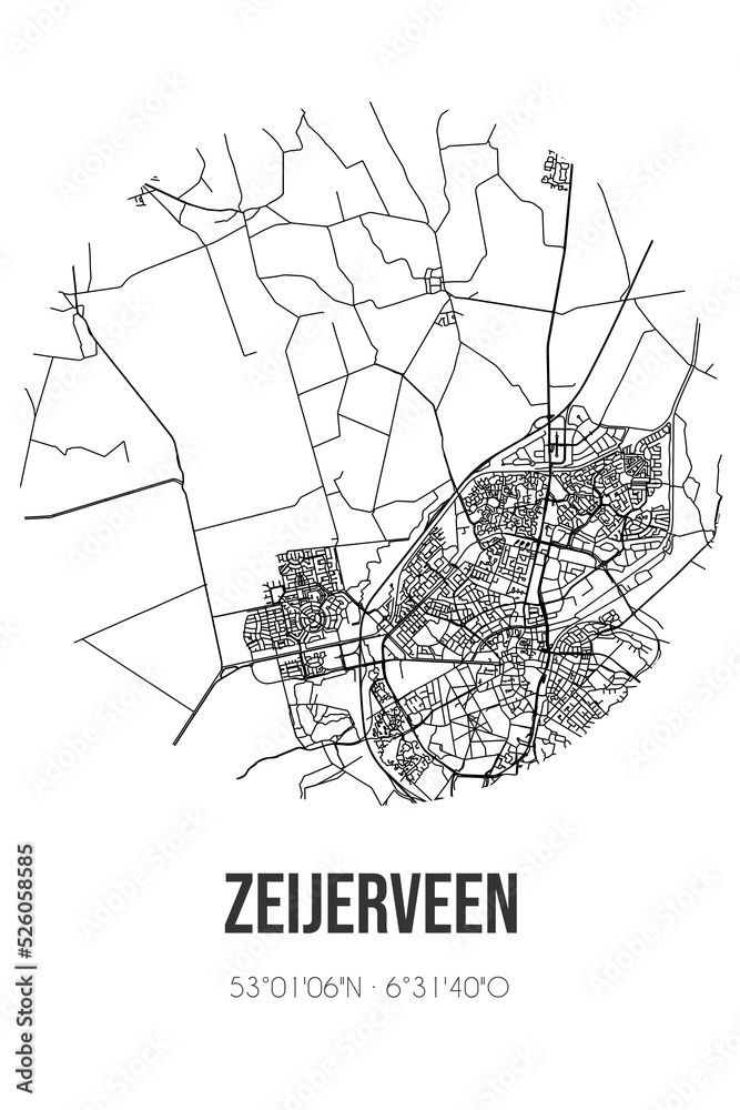 Abstract street map of Zeijerveen located in Drenthe municipality of Assen. City map with lines