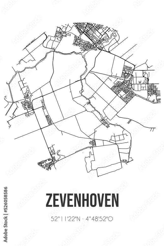 Abstract street map of Zevenhoven located in Zuid-Holland municipality of Nieuwkoop. City map with lines