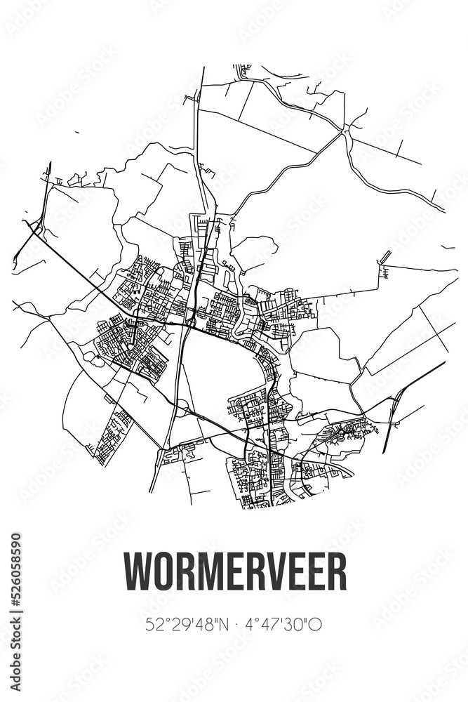 Abstract street map of Wormerveer located in Noord-Holland municipality of Zaanstad. City map with lines