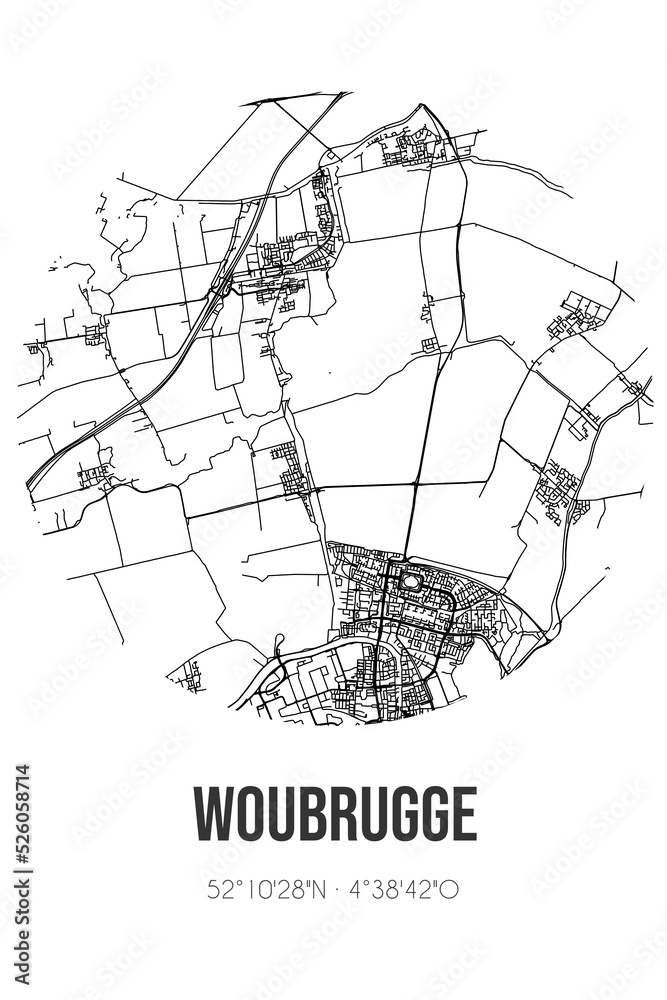 Abstract street map of Woubrugge located in Zuid-Holland municipality of Kaag en Braassem. City map with lines