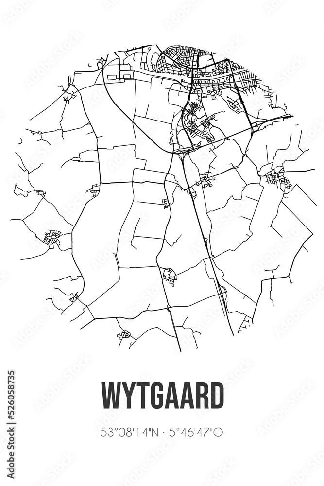 Abstract street map of Wytgaard located in Fryslan municipality of Leeuwarden. City map with lines